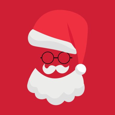 Noel Baba sakalı, kırmızı arka planda gözlük ve şapka.