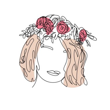 Beyaz arka planda çiçek çelengi olan güzel bir kadın.