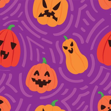 Mor arka planda bir sürü korkutucu Cadılar Bayramı balkabağı. Tasarım için desen