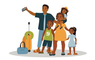 Paketlenmiş eşyaları olan mutlu bir aile beyaz arka planda selfie çekiyor.
