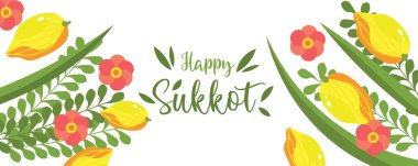 Beyaz arkaplanda Sukkot festival sembolleri bulunan bayrağı selamla