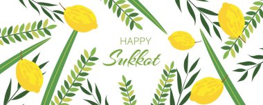 Beyaz arkaplanda Sukkot festival sembolleri bulunan bayrağı selamla