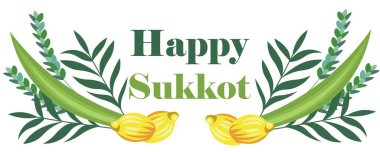 Beyaz arkaplanda Sukkot festival sembolleri bulunan bayrağı selamla