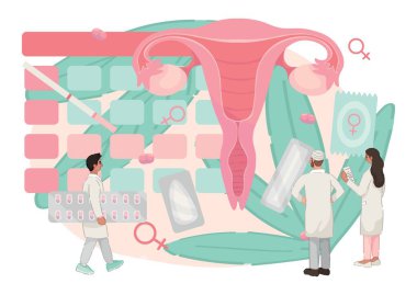 Beyaz arka planda doktor ve haplı kadın rahmi çizilmiş.