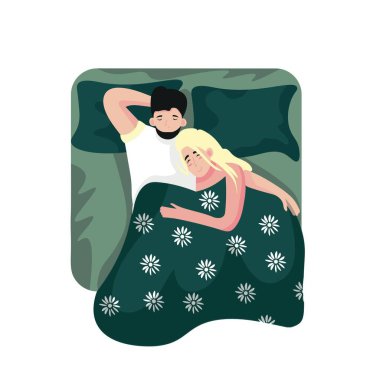 Beyaz arka planda yatakta uyuyan çift, üst manzara