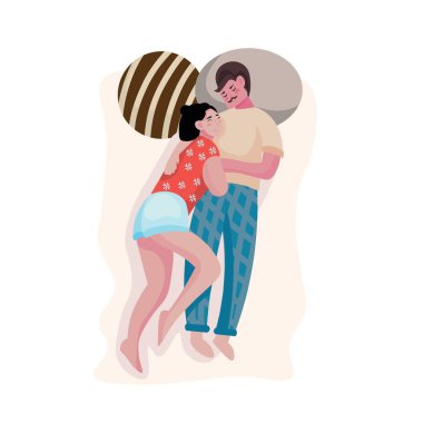 Beyaz arka planda yatakta uyuyan çift, üst manzara