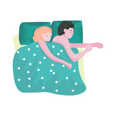 Beyaz arka planda yatakta uyuyan çift, üst manzara