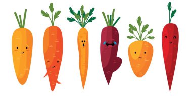 Beyaz arka planda farklı şirin havuçlar.