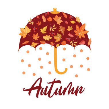 Kelime AUTUMN, şemsiye ve beyaz arkaplanda yapraklar
