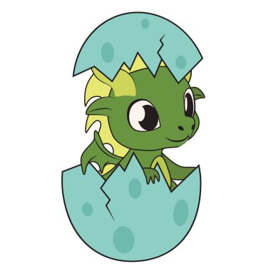 Beyaz arka planda yumurtadan çıkan sevimli küçük ejderha.