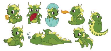 Beyaz arka planda küçük şirin ejderhalar.