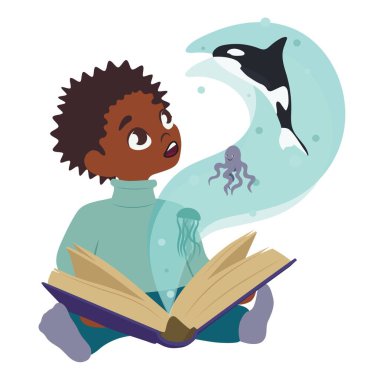 Beyaz arka plan üzerine sihirli kitap okuyan küçük Afro-Amerikalı çocuk.