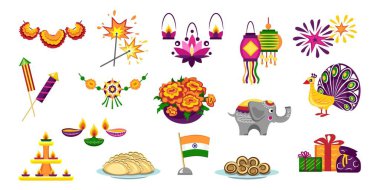 Beyaz arkaplanda Diwali sembolleri kümesi