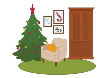 Beyaz arka planda Noel için dekore edilmiş rahat oturma odasının içi.