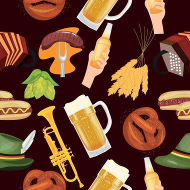 Oktoberfest için siyah arkaplandaki öğeler kümesi. Tasarım için desen