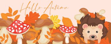 Yapraklar, mantarlar, kirpiler ve metin Hello, AUTUMN