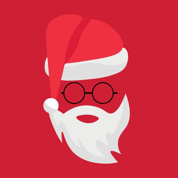 Santa Claus beard, glasses and hat on red background