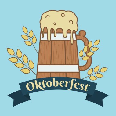 Bir kupa taze bira ve metin Açık mavi arka planda OKTOBERFEST