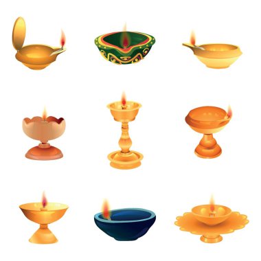 Set of diya lamps for Indian holiday Diwali (Festival of lights) on white background