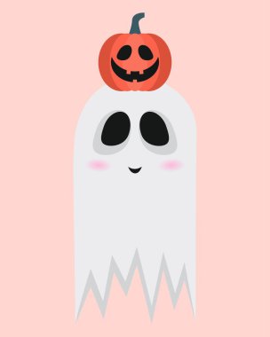 Komik hayalet ve pembe arka planda Cadılar Bayramı balkabağı