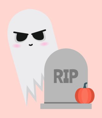 Komik hayalet, pembe arka planda mezar taşı ve balkabağı.