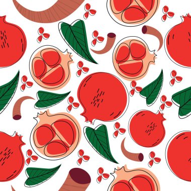 Beyaz arka planda yeşil yapraklı kırmızı nar. Tasarım için desen