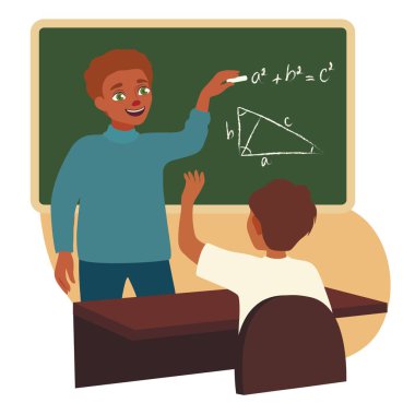 Tahtaya yakın matematik öğretmeni ve sınıfta bir çocuk.