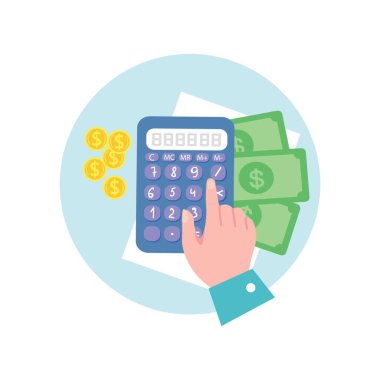 Hesap makinesi, bozuk para ve beyaz arkaplanda dolar banknotları ile el ele