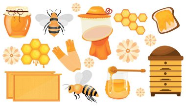 Beyaz arkaplanda arıcılık ögeleri kümesi