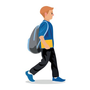 Sırt çantalı çocuk beyaz arka planda okula gidiyor.