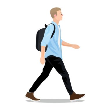 Sırt çantalı çocuk beyaz arka planda okula gidiyor.