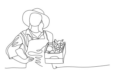 Beyaz arka planda meyve toplayan kadın çiftçi. Tasarım için pankart