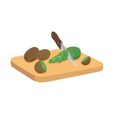 Kesme tahtası, bıçak ve beyaz arka planda kivi.