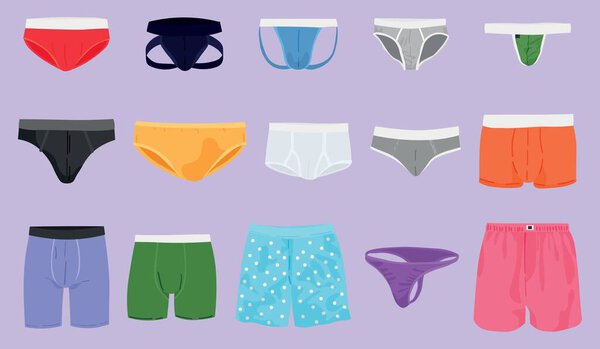 Set of man's underwear on lilac background