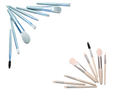 Beyaz arkaplanda makyaj fırçalarından yapılmış çerçeve