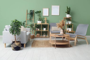 Gri kanepesi, koltuğu, kahve masası ve çiçekleri olan modern oturma odasının içinde.