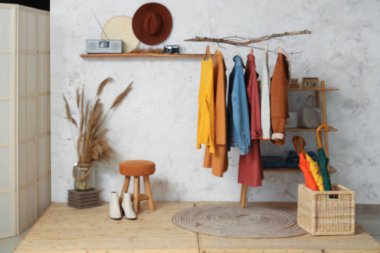 Modern koridorun bulanık manzarası. Ağaç dalında şık sonbahar kıyafetleri asılı.