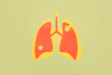 Yeşil arka planda yanmış delikleri olan kağıt ciğerler. Akciğer kanseri kavramı