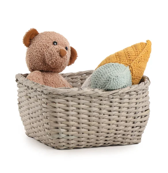 Wicker Basket Teddy Bear Cushion Isolated White Background Stock Picture