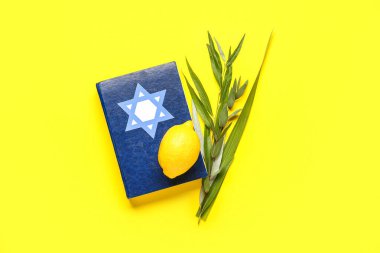 Dört tür (lulav, hadas, arava, etrog) sarı zemin üzerinde Sukkot festival sembolleri ve Tevrat olarak