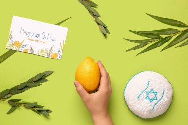 Dört türün (lulav, hadas, arava, etrog) yer aldığı Sukkot festivali kompozisyonu, yeşil zemin üzerinde limon tutan tebrik kartı ve kadın eli