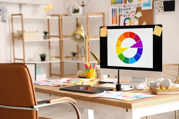 Graphic designer\'s workplace with computer, tablet and color palettes in office