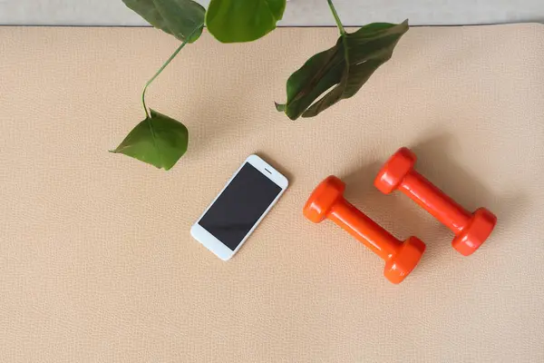 Mobile phone with dumbbells on fitness mat in gym, top view