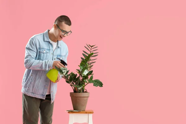 Young man watering plant with money on pink background