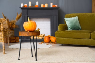 Oturma odasında yaprakları dökülmüş bir balkabağı.