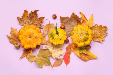Leylak arka planında taze balkabağı, kestane ve sonbahar yapraklı kompozisyon