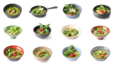 Beyaz arka planda lezzetli yeşil körili tavuk kolajı