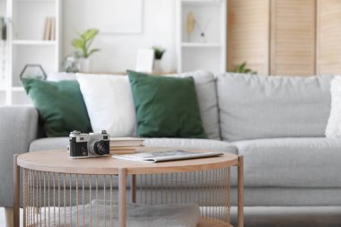 Oturma odasının içinde fotoğraf makinesi, dergi ve kitaplar olan kahve masası.