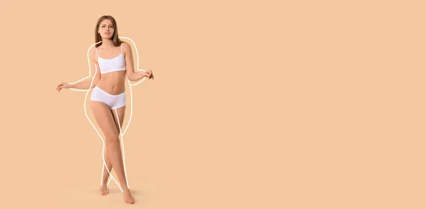 Young woman after weight loss on beige background with space for text