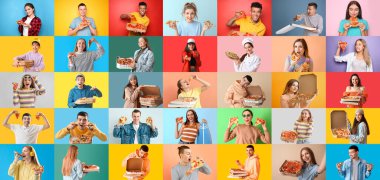 Renkli arkaplanda lezzetli pizzalar olan farklı insanların kolajı